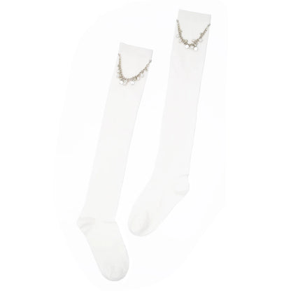 White socks with decorative chain designs on a white background