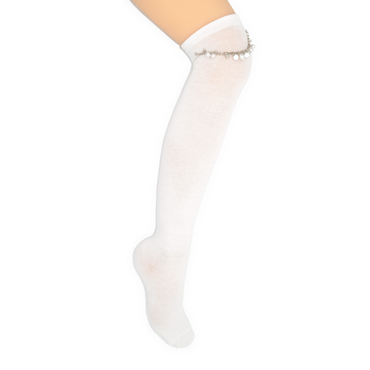 Thigh High Pearl Chain Socks - White