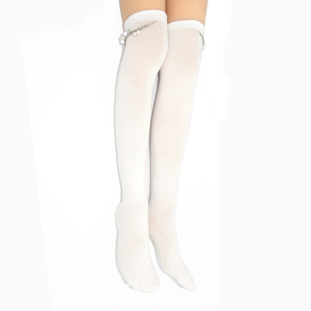White knee-high socks with decorative top on a white background