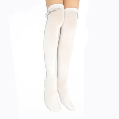 White knee-high socks with decorative top on a white background