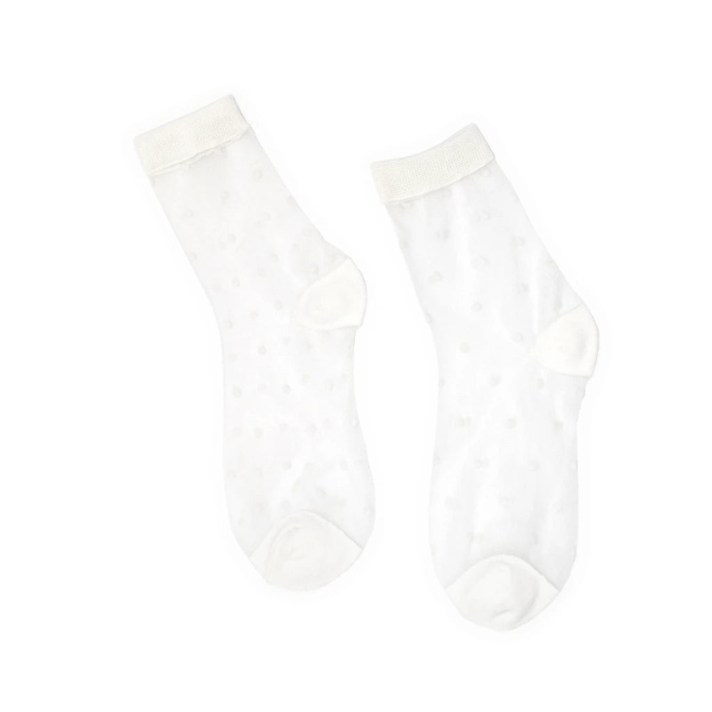 White sheer polka dots socks on a white background