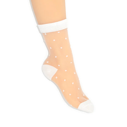 Sheer white socks with white polka dots and cuffs on a white background